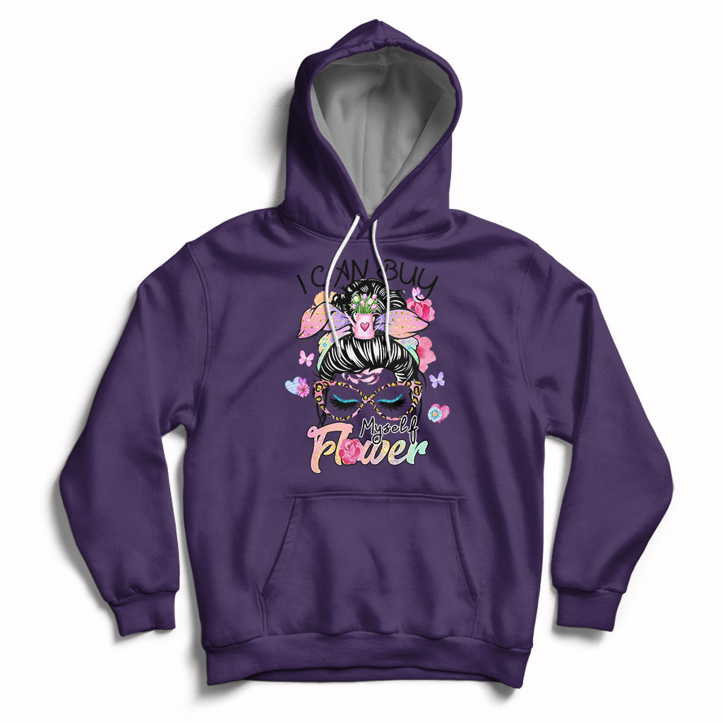 Purple pullover hoodie with floral self-love graphic, hood, and front pocket
