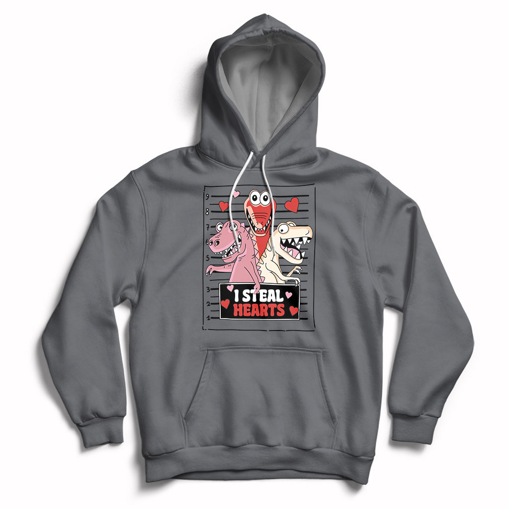 Charcoal gray hoodie with front pocket, drawstring hood, and skeleton Valentine hearts graphic