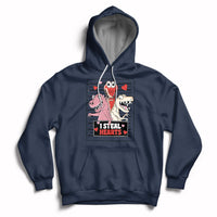 Navy hoodie with front pocket, drawstring hood, and skeleton Valentine hearts graphic