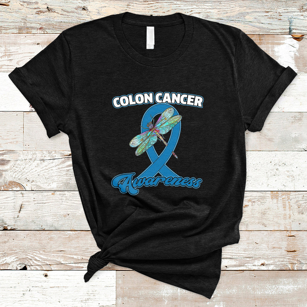 Colon Cancer Awareness Dragonfly Blue Ribbon CRC Colorectal Carcinoma T Shirt - Wonder Print Shop