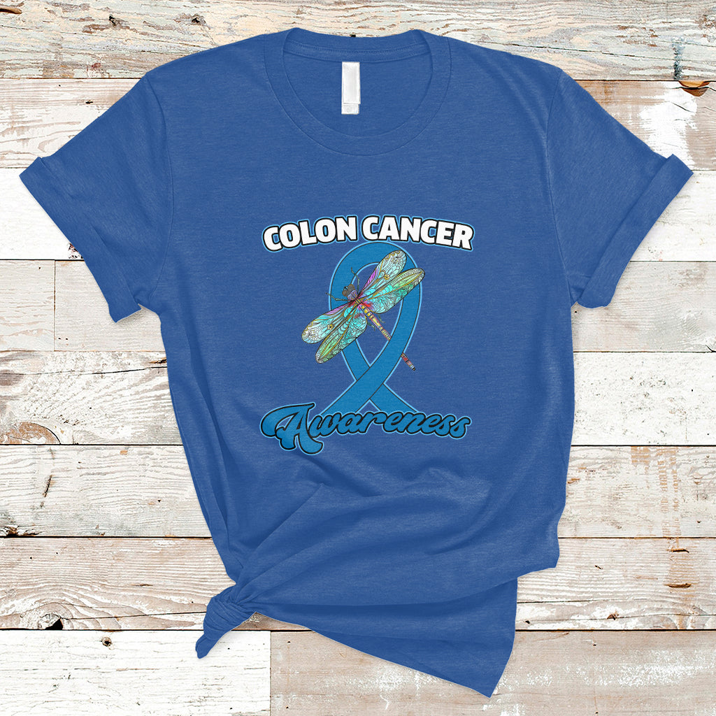 Royal blue colon cancer awareness T-shirt with dragonfly over blue ribbon graphic