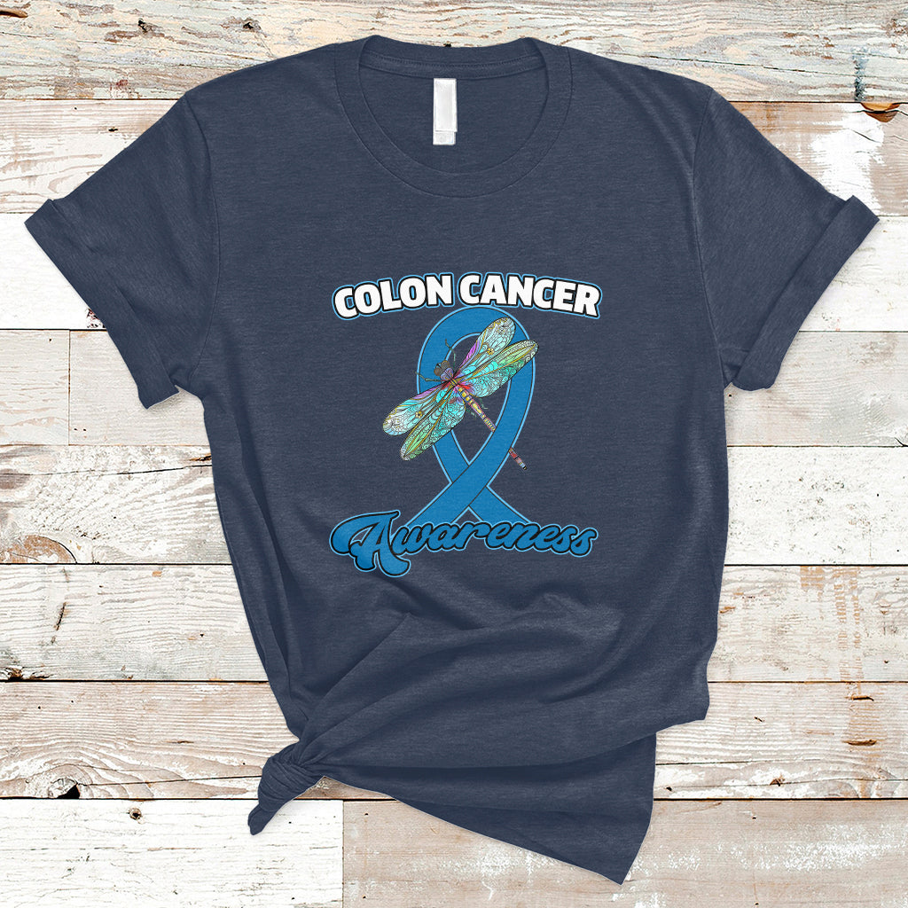 Navy colon cancer awareness T-shirt with dragonfly over blue ribbon graphic