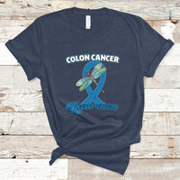Navy colon cancer awareness T-shirt with dragonfly over blue ribbon graphic