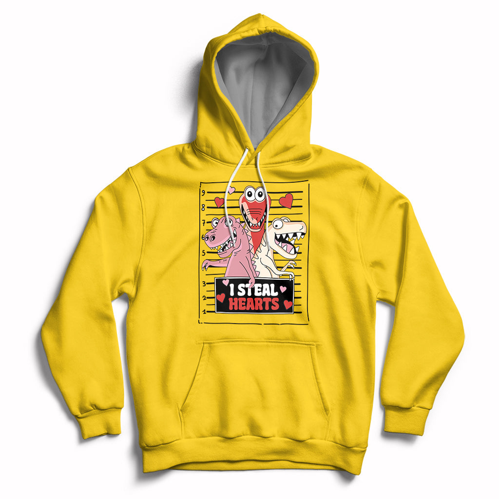 Yellow hoodie with front pocket, drawstring hood, and skeleton Valentine hearts graphic