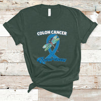 Forest green colon cancer awareness T-shirt with dragonfly over blue ribbon graphic