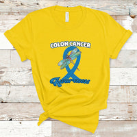 Daisy yellow colon cancer awareness T-shirt with dragonfly over blue ribbon graphic