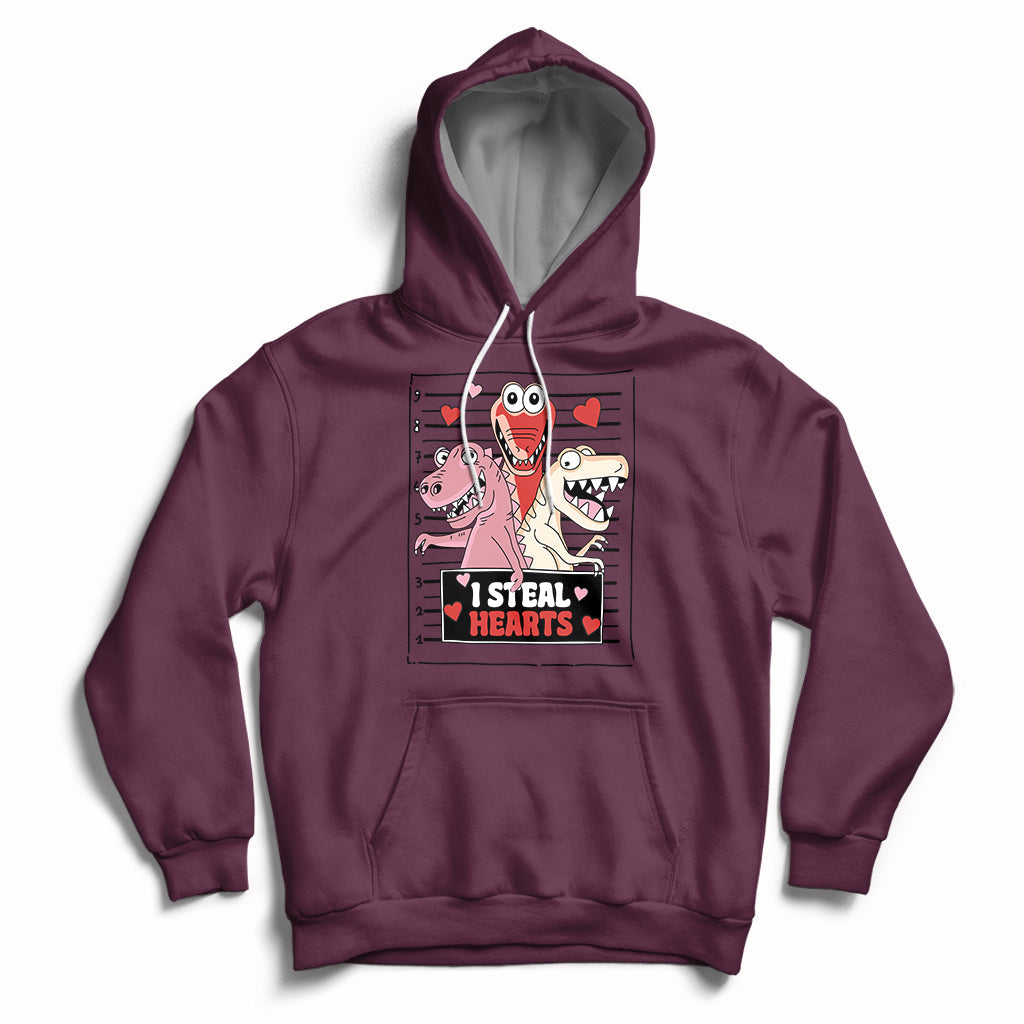 Maroon hoodie with front pocket, drawstring hood, and skeleton Valentine hearts graphic