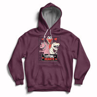 Maroon hoodie with front pocket, drawstring hood, and skeleton Valentine hearts graphic