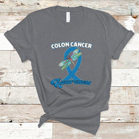 Charcoal gray colon cancer awareness T-shirt with dragonfly over blue ribbon graphic