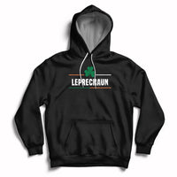 Black pullover hoodie with clover graphic and 'Leprechaun' text on chest