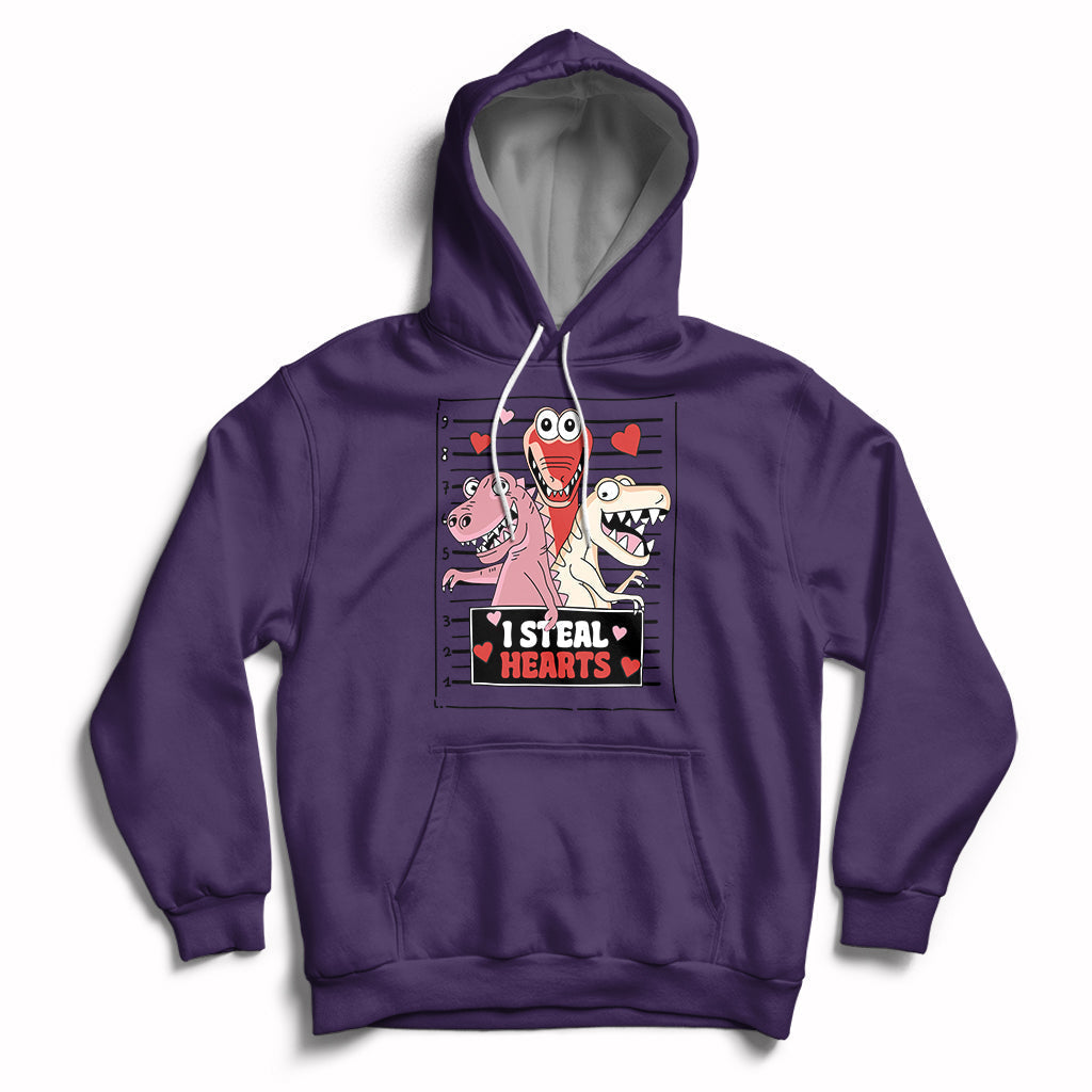 Purple hoodie with front pocket, drawstring hood, and skeleton Valentine hearts graphic