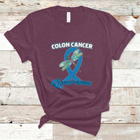 Maroon colon cancer awareness T-shirt with dragonfly over blue ribbon graphic