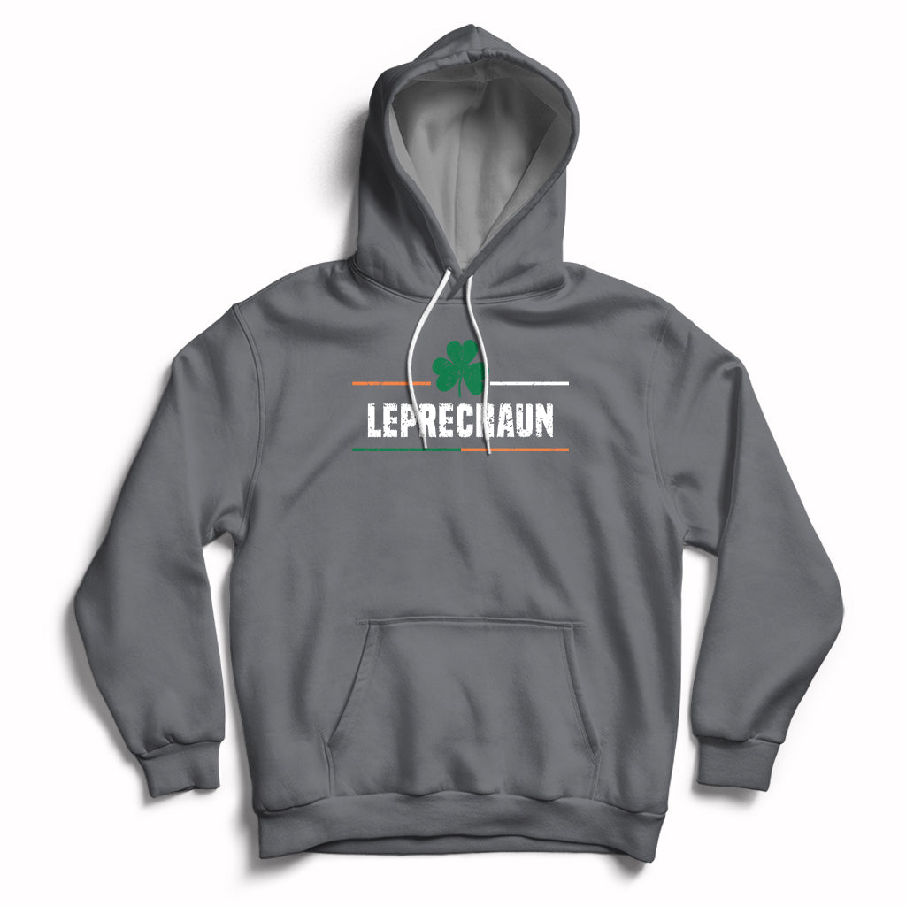 Charcoal pullover hoodie with clover graphic and 'Leprechaun' text on chest