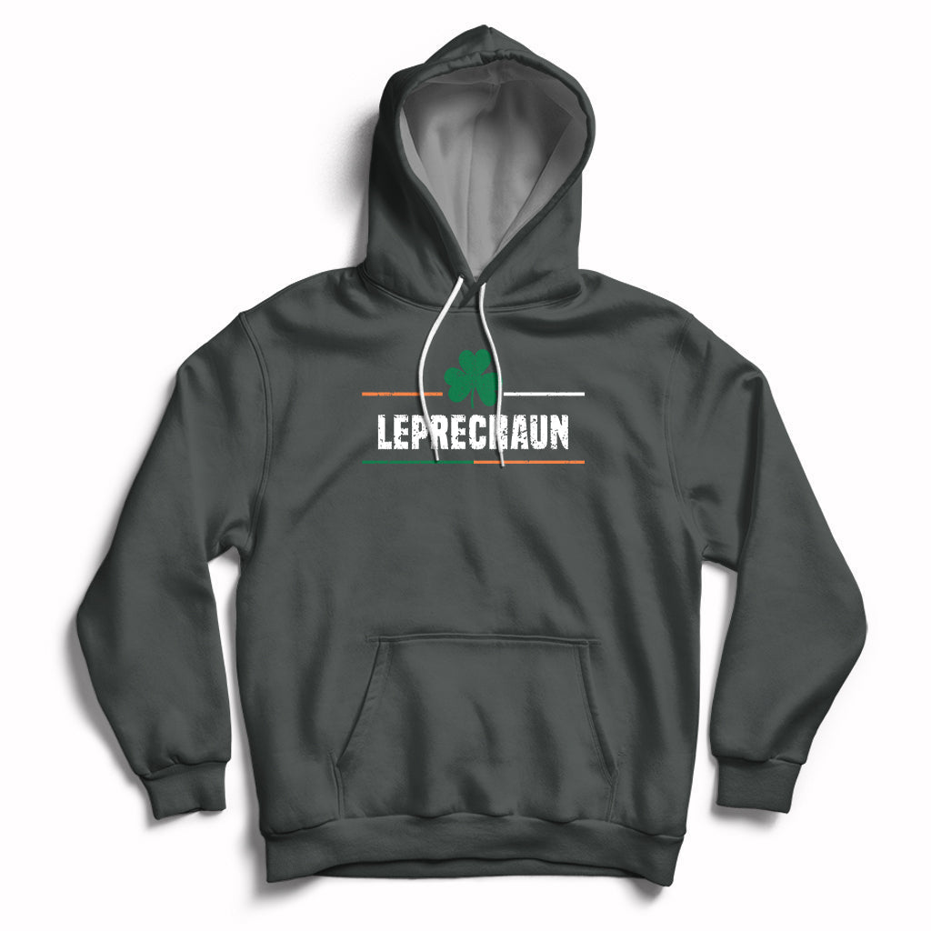 Dark heather pullover hoodie with clover graphic and 'Leprechaun' text on chest