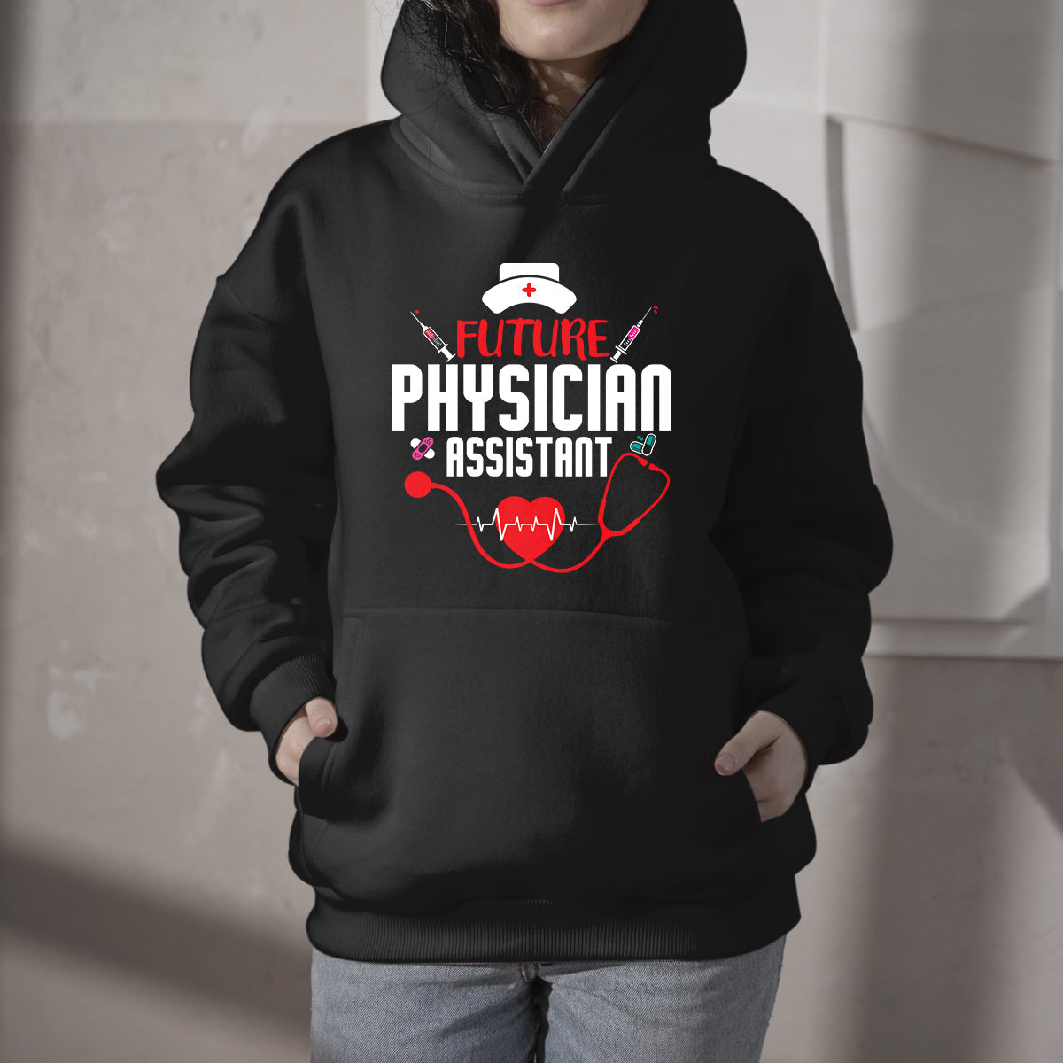 Black hoodie with kangaroo pocket and stethoscope-themed chest graphic