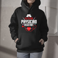 Black hoodie with kangaroo pocket and stethoscope-themed chest graphic