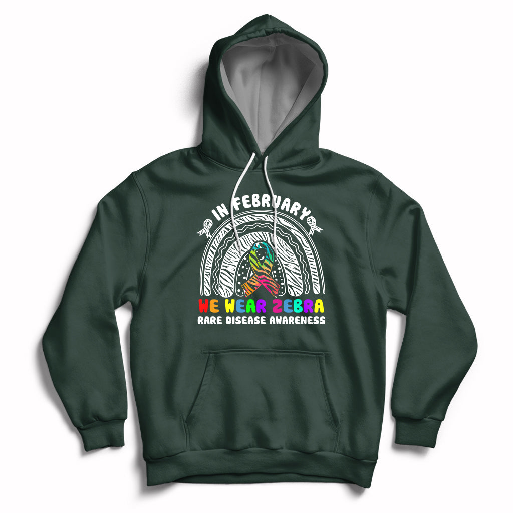 Forest green zebra-themed rainbow awareness hoodie with front graphic and drawstring hood
