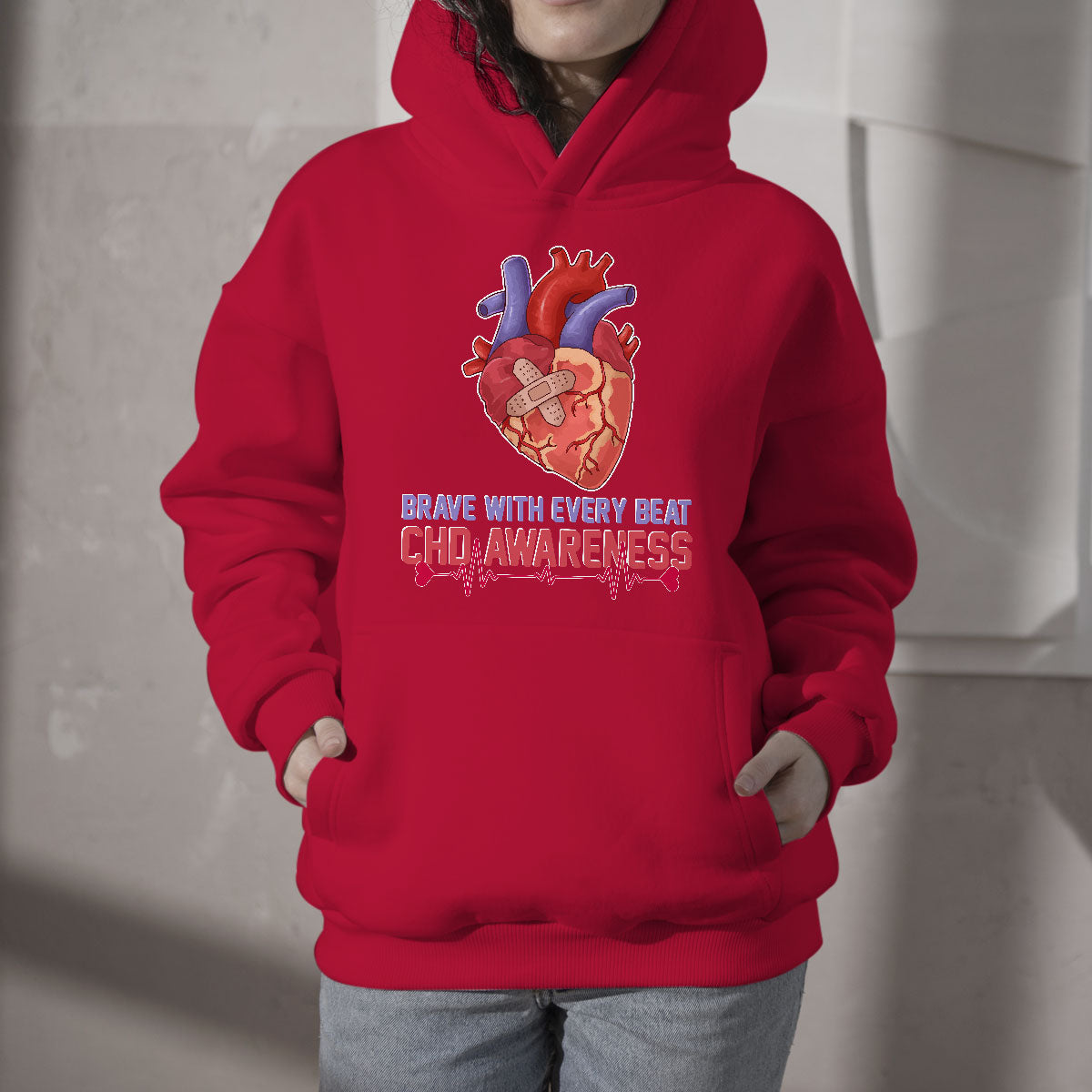 Brave With Every Beat CHD Heart Disease Red And Blue Ribbon Hoodie - Wonder Print Shop