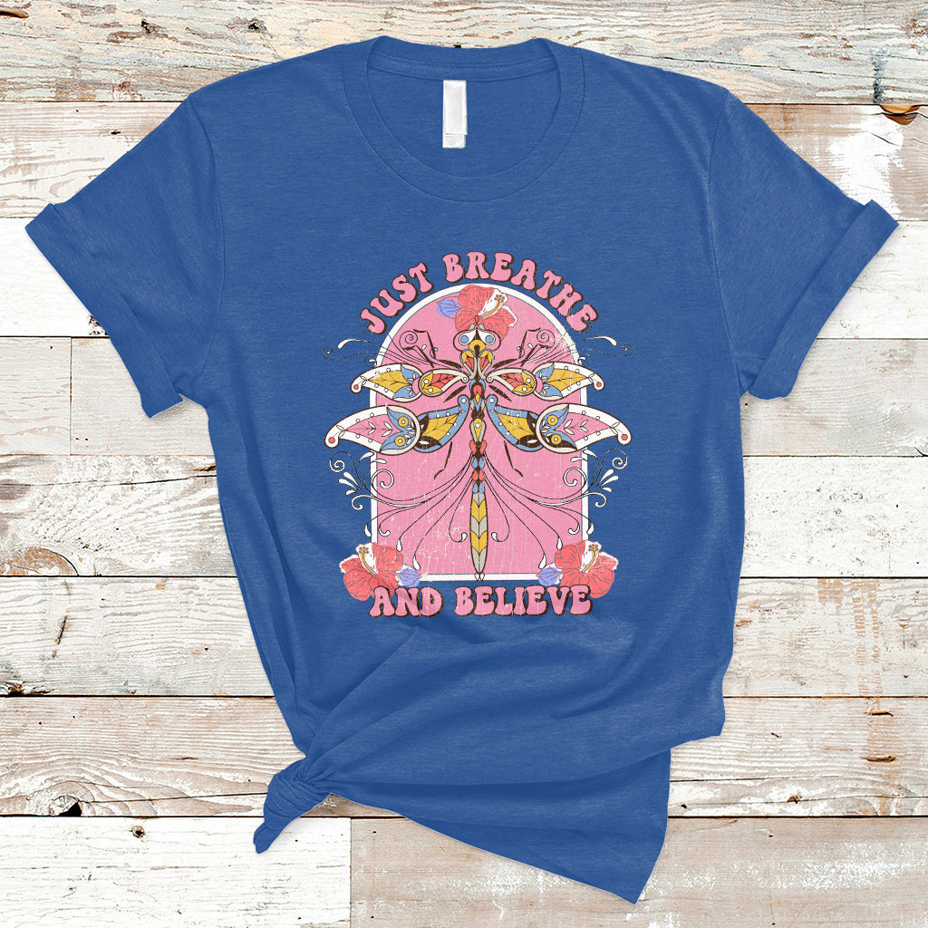 Just Breathe And Believe Dragonfly Retro Boho Motivational T Shirt - Wonder Print Shop