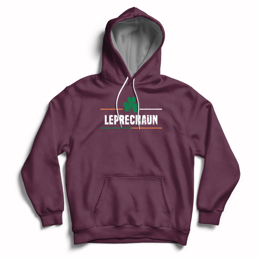 Maroon pullover hoodie with clover graphic and 'Leprechaun' text on chest