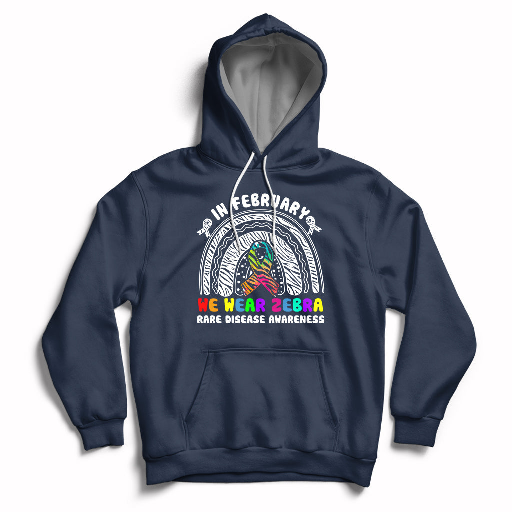 Navy zebra-themed rainbow awareness hoodie with front graphic and drawstring hood