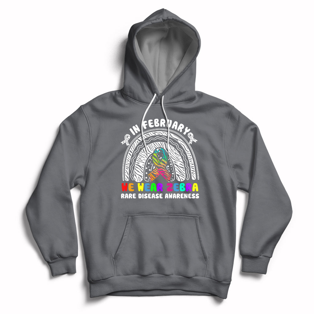 Charcoal gray zebra-themed rainbow awareness hoodie with front graphic and drawstring hood