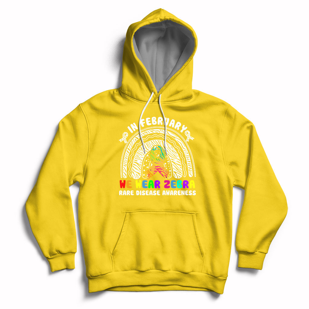 Daisy yellow zebra-themed rainbow awareness hoodie with front graphic and drawstring hood