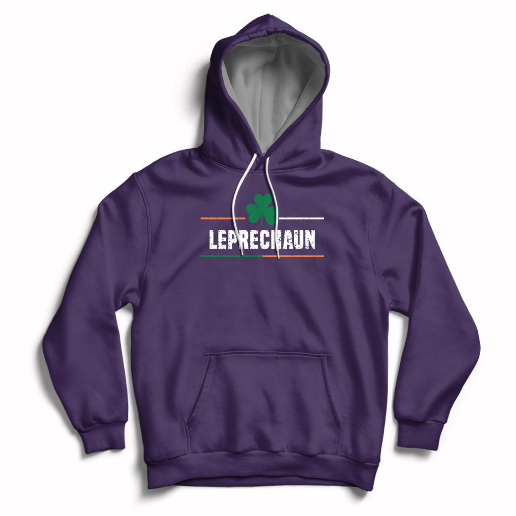Purple pullover hoodie with clover graphic and 'Leprechaun' text on chest