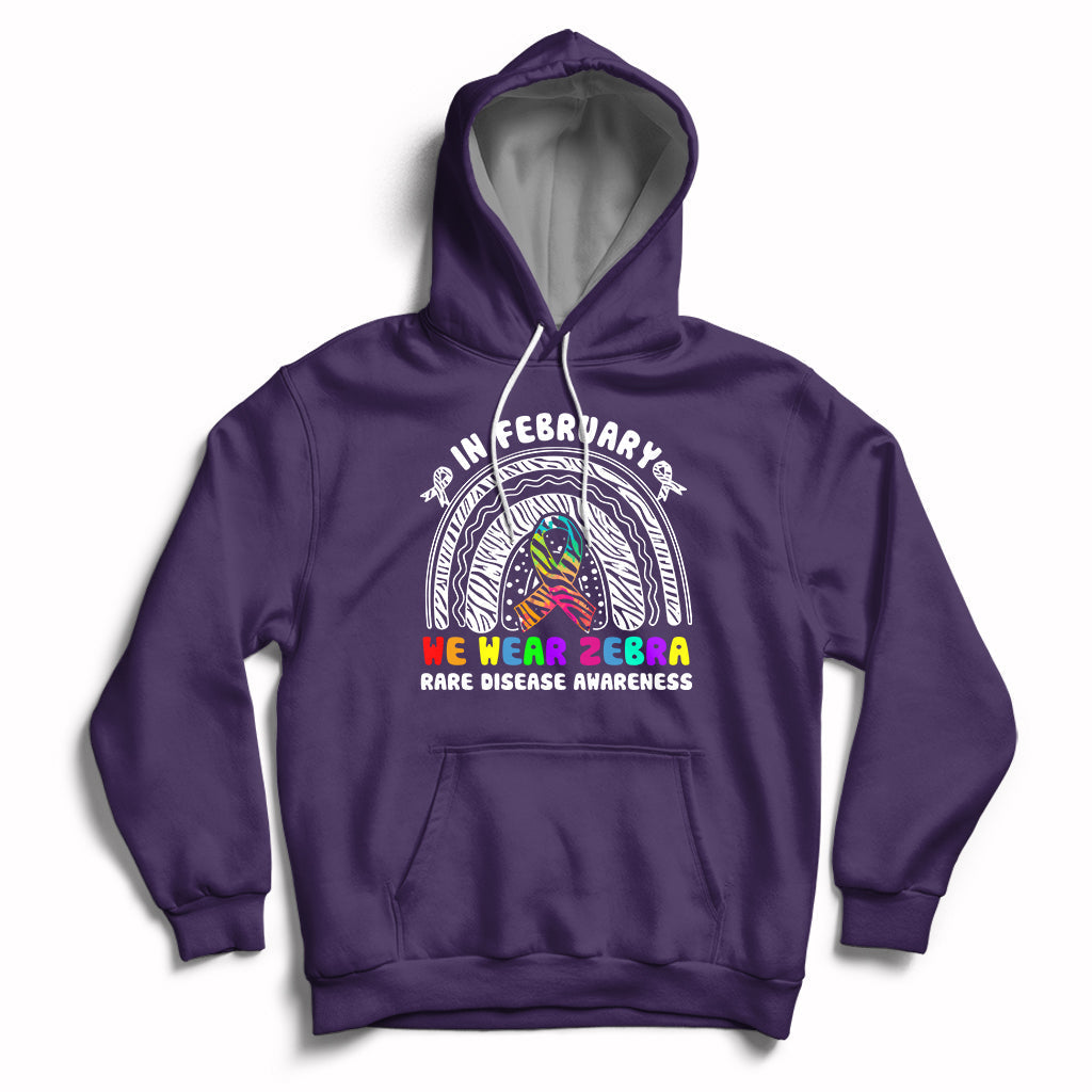 Purple zebra-themed rainbow awareness hoodie with front graphic and drawstring hood