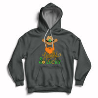 Dark gray hoodie with hood and kangaroo pocket; “Howdy Go Lucky” shamrock cowboy print