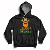Black hoodie with front kangaroo pocket and “Howdy Go Lucky” cowboy-hat shamrock graphic