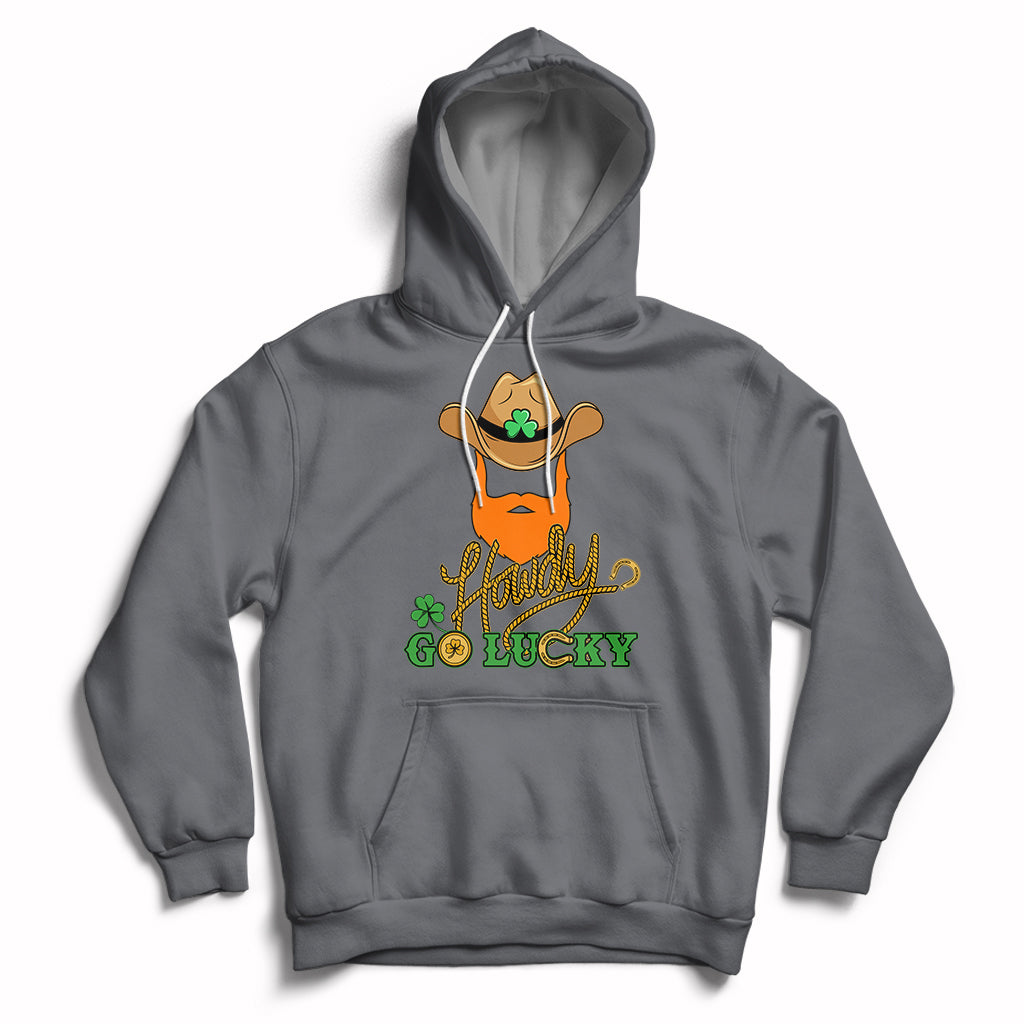 Charcoal hoodie with hood and front kangaroo pocket; “Howdy Go Lucky” shamrock graphic