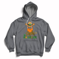 Charcoal hoodie with hood and front kangaroo pocket; “Howdy Go Lucky” shamrock graphic
