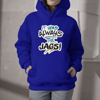 Blue pullover hoodie with front graphic text and kangaroo pocket