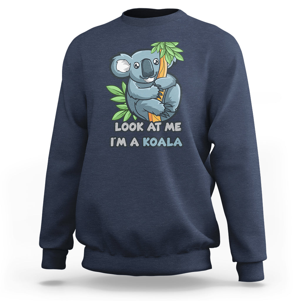 Charcoal crewneck sweatshirt with koala graphic and 'LOOK AT ME I'M A KOALA' text