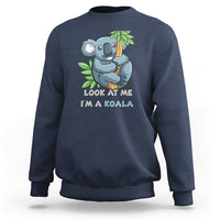 Charcoal crewneck sweatshirt with koala graphic and 'LOOK AT ME I'M A KOALA' text