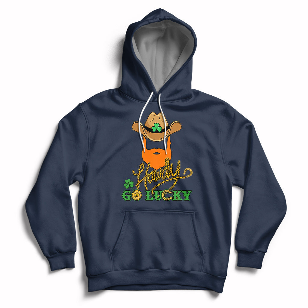 Navy hoodie with hood and front kangaroo pocket; “Howdy Go Lucky” shamrock cowboy graphic