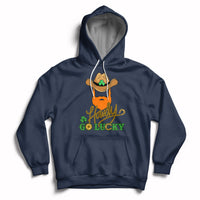 Navy hoodie with hood and front kangaroo pocket; “Howdy Go Lucky” shamrock cowboy graphic