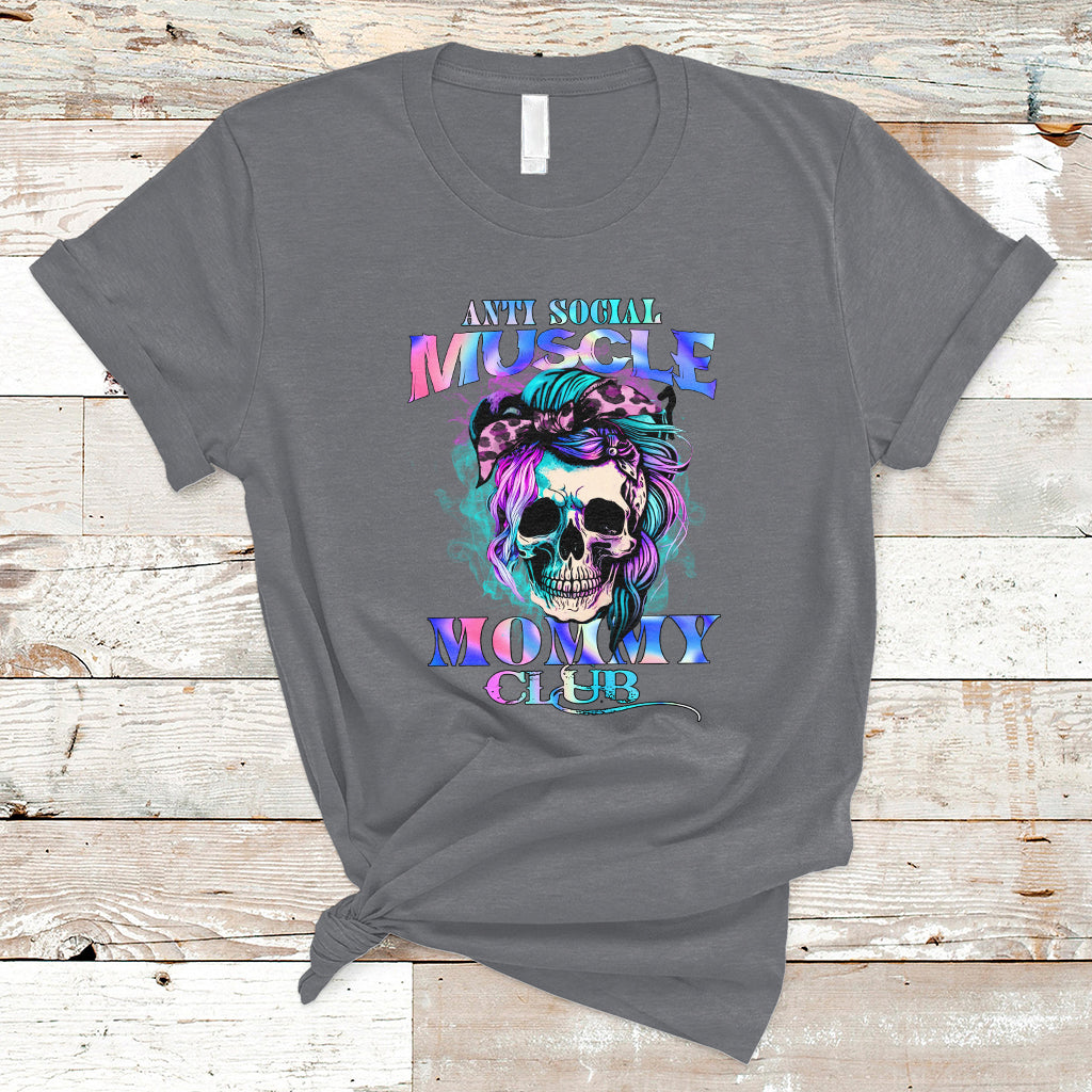 Anti Social Muscle Mommy Club Groovy Pump Cover Funny Messy Bun Skull T-Shirt - Wonder Print Shop
