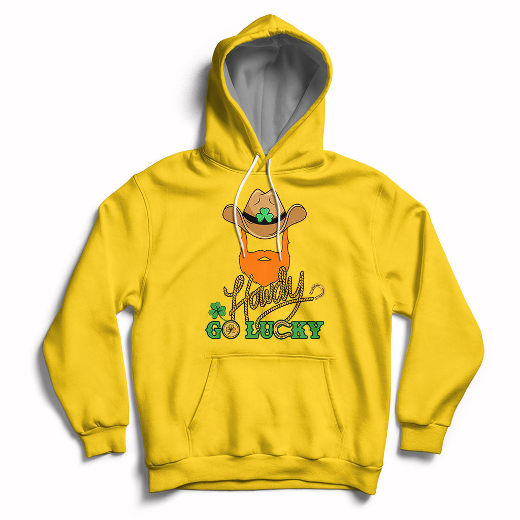 Yellow hoodie with hood and kangaroo pocket; “Howdy Go Lucky” cowboy-hat shamrock design