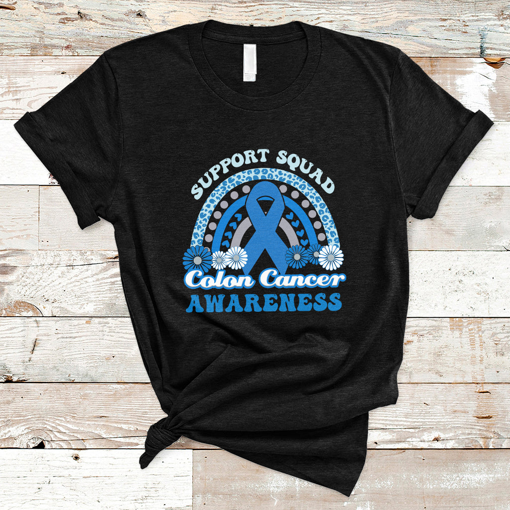 Colon Cancer Awareness Support Squad CRC Blue Ribbon Rainbow T Shirt - Wonder Print Shop