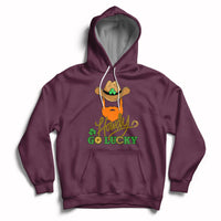 Maroon hoodie with hood and front kangaroo pocket; “Howdy Go Lucky” shamrock cowboy print