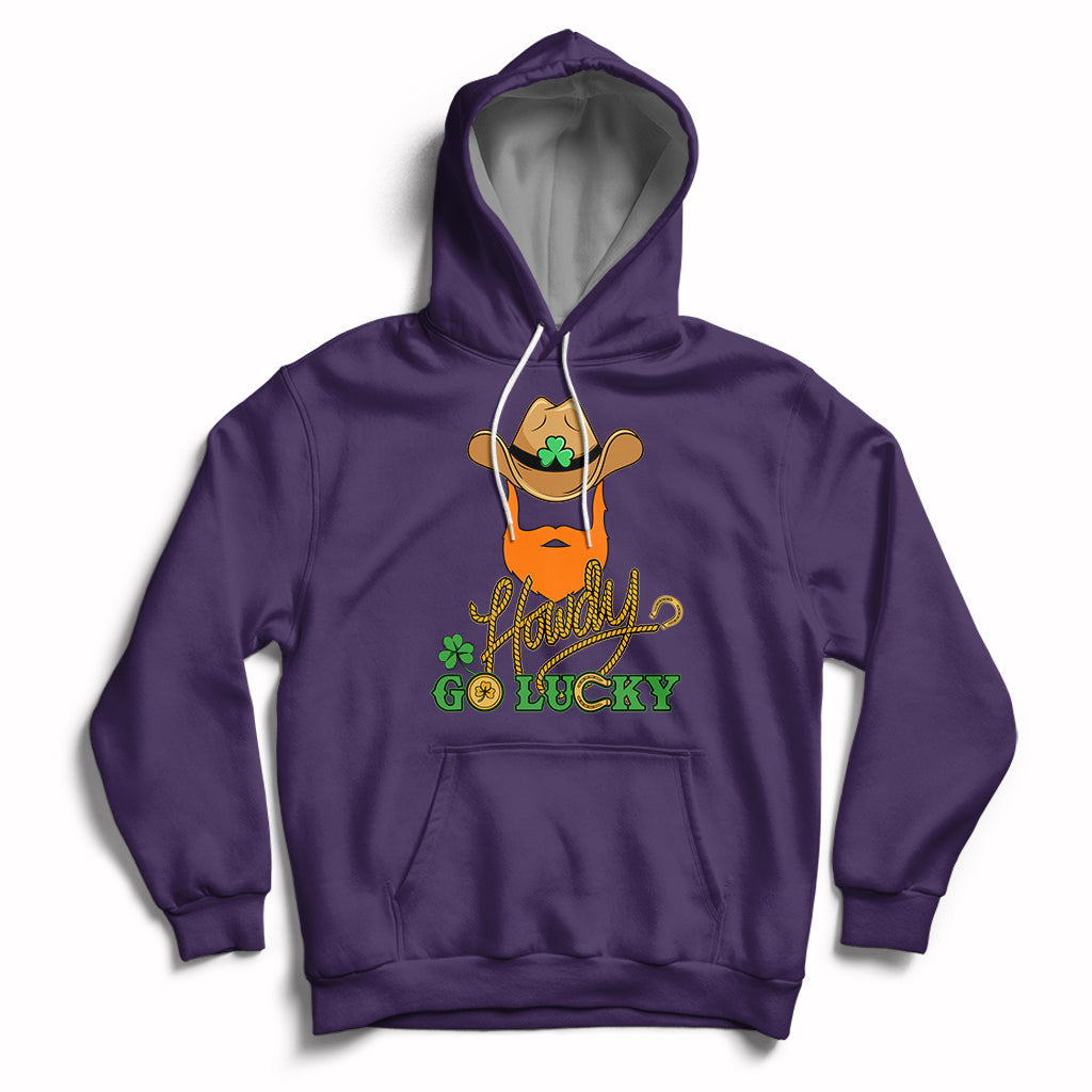 Purple hoodie with hood and kangaroo pocket; “Howdy Go Lucky” cowboy-hat shamrock graphic