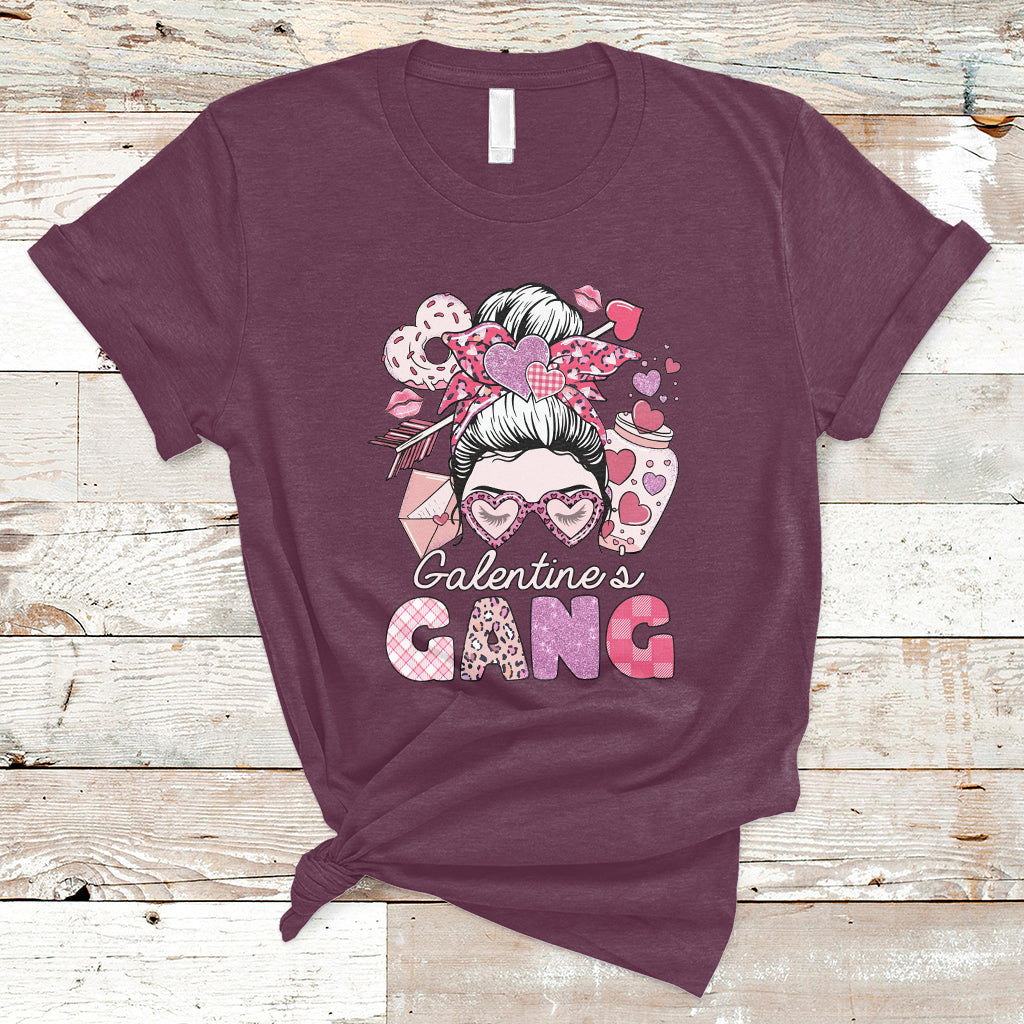 Galentines Gang Retro Messy Bun Valentine's Day Sisters T-Shirt - Wonder Print Shop
