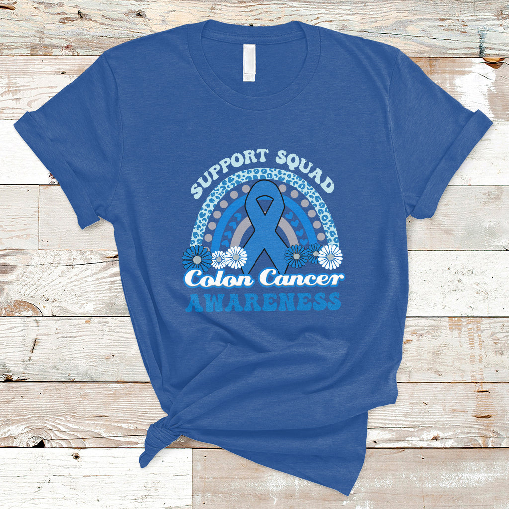 Royal blue t-shirt with Support Squad Colon Cancer Awareness text and blue awareness ribbon graphic.