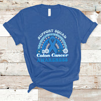 Royal blue t-shirt with Support Squad Colon Cancer Awareness text and blue awareness ribbon graphic.