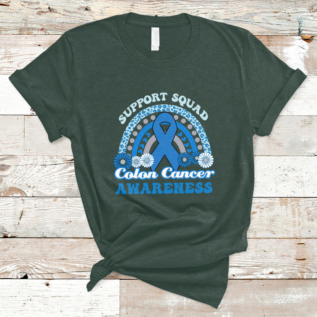 Forest green t-shirt with Support Squad Colon Cancer Awareness text and blue awareness ribbon graphic.