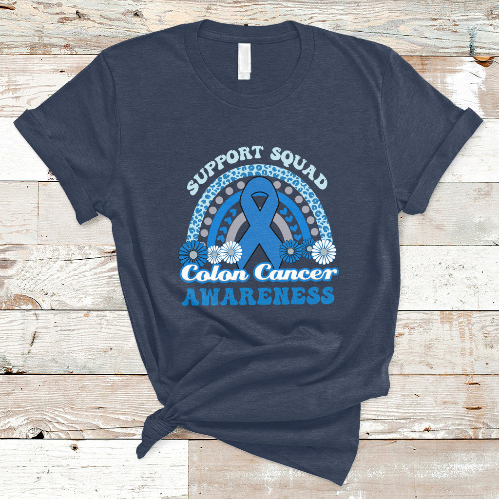 Navy t-shirt with Support Squad Colon Cancer Awareness text and blue awareness ribbon graphic.