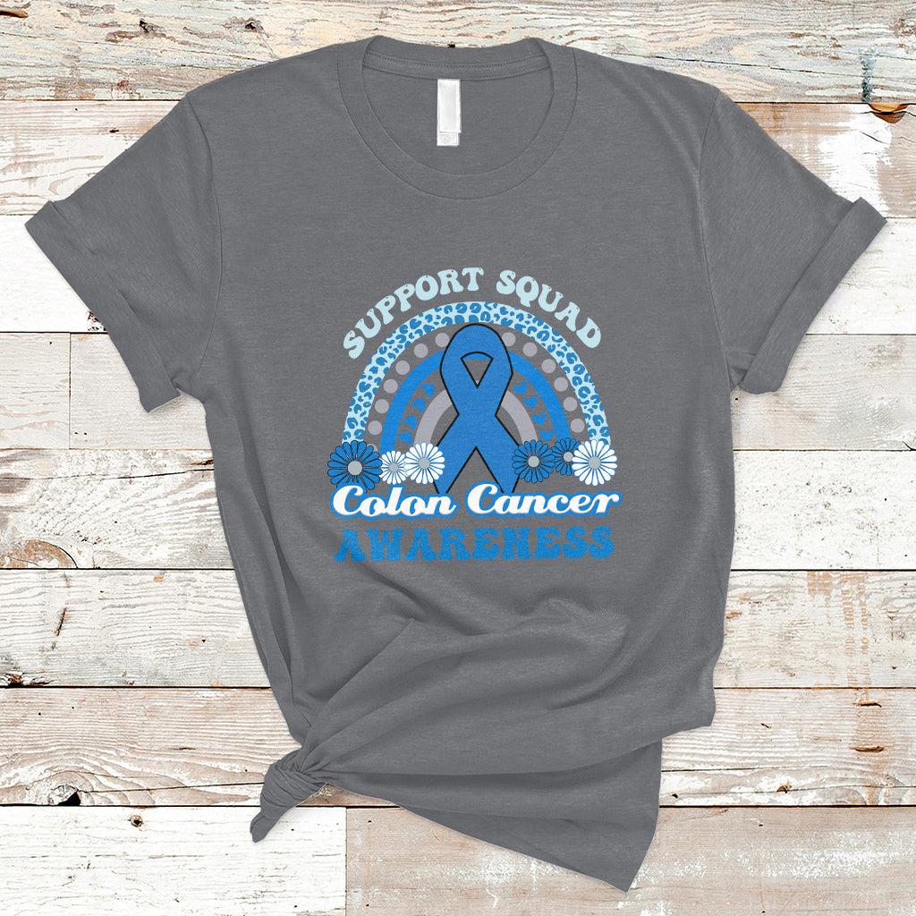Charcoal t-shirt with Support Squad Colon Cancer Awareness text and blue awareness ribbon graphic.