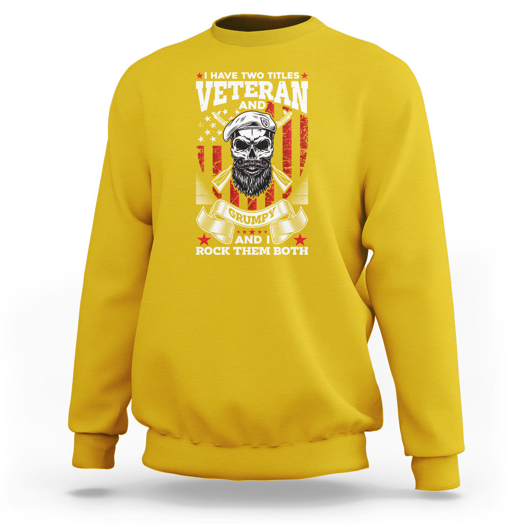 Daisy yellow crewneck sweatshirt with Veteran graphic, grumpy skull and flags on chest.